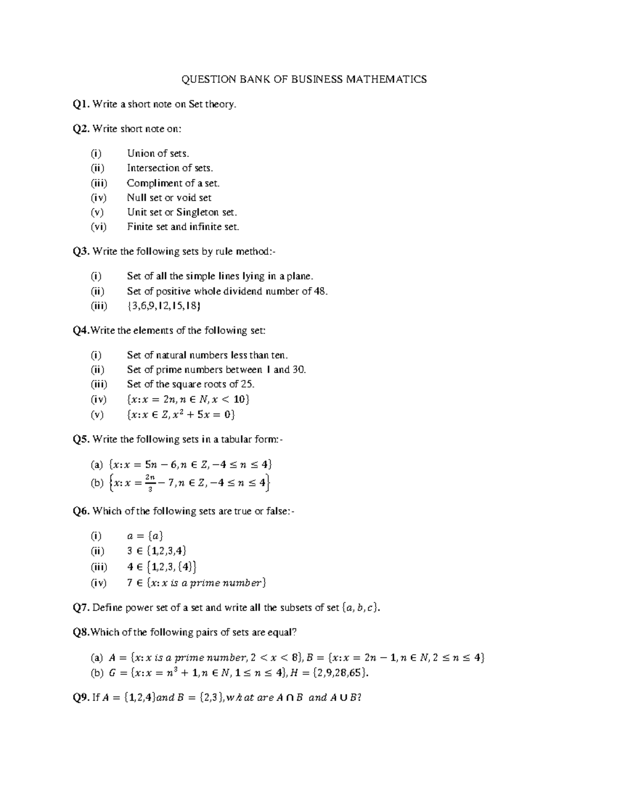 Business Mathematics Question Bank Question Bank Of Business Mathematics Q1 Write A Short 7014