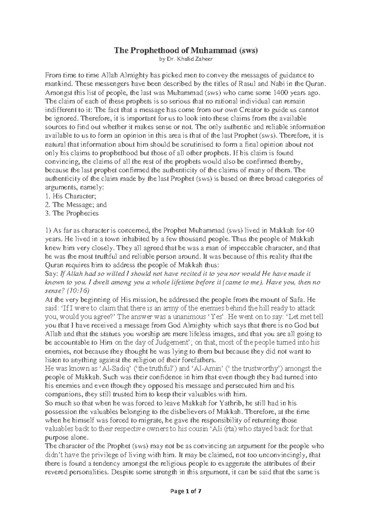 The Prophethood of Muhammad (sws) - Khalid Zaheer From time to time ...