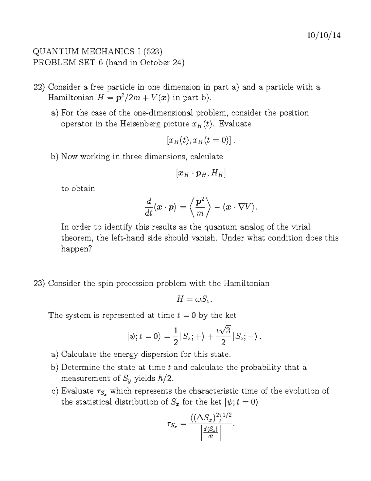 PHYS523 2014-2015 Problem Set 6 - 10/10/14 QUANTUM MECHANICS I (523 ...
