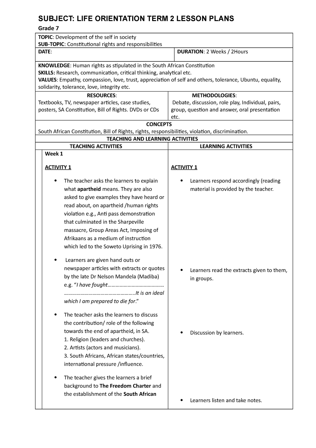 Life Orientation Grade 7 Lesson Plans Term 2 SUBJECT LIFE 