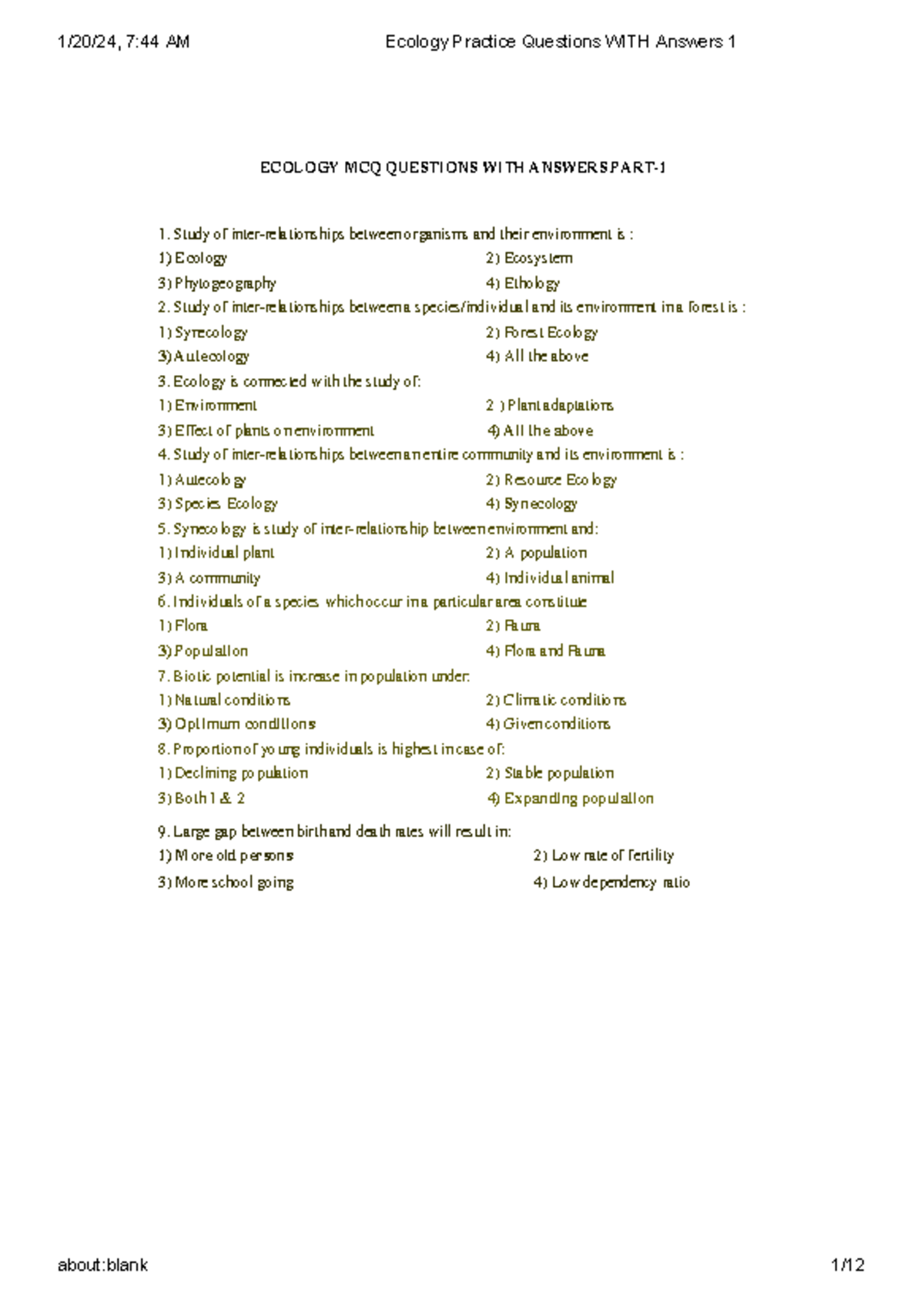 Ecology Practice Questions WITH Answers 1 - ECOLOGY MCQ QUESTIONS WITH ...