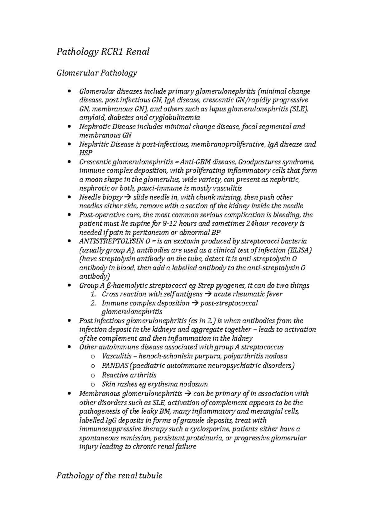 Pathology RCR1 Renal - Lecture notes Year 1 - Pathology RCR1 Renal ...