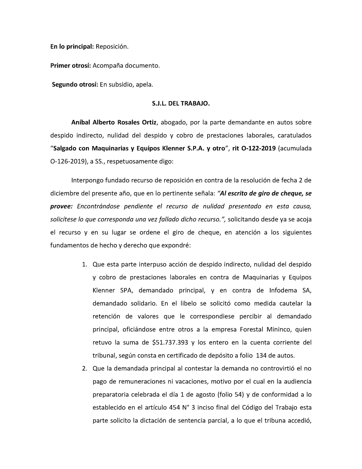 Recurso De Reposicion En Lo Principal Reposición Primer Otrosí Acompaña Documento Segundo 6512