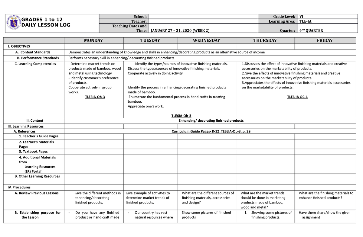 DLL TLE 6 Q4 W2 - Just as an example of daily lesson log - GRADES 1 to ...