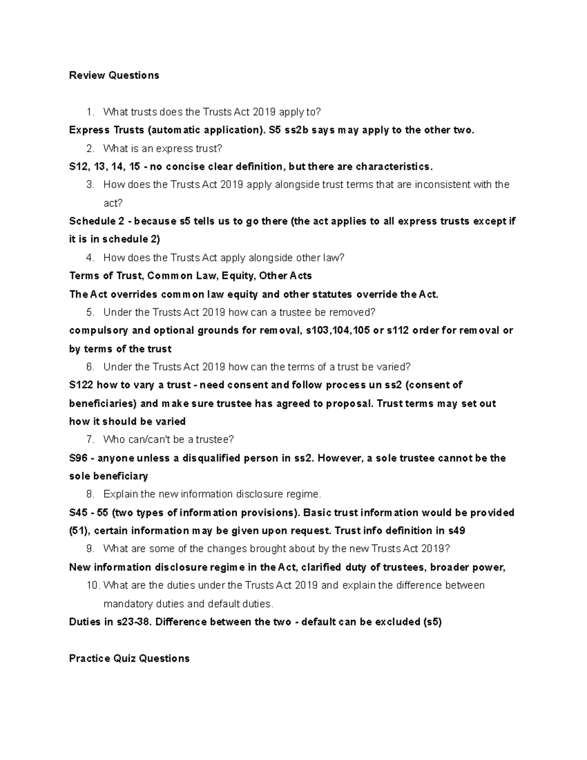 Equity and Trusts Quiz Questions Review Questions What trusts does