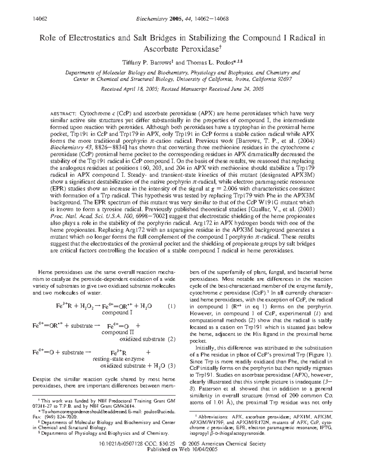 Role of Electrostatics and Salt Bridges in Stabilizing the Compound I ...