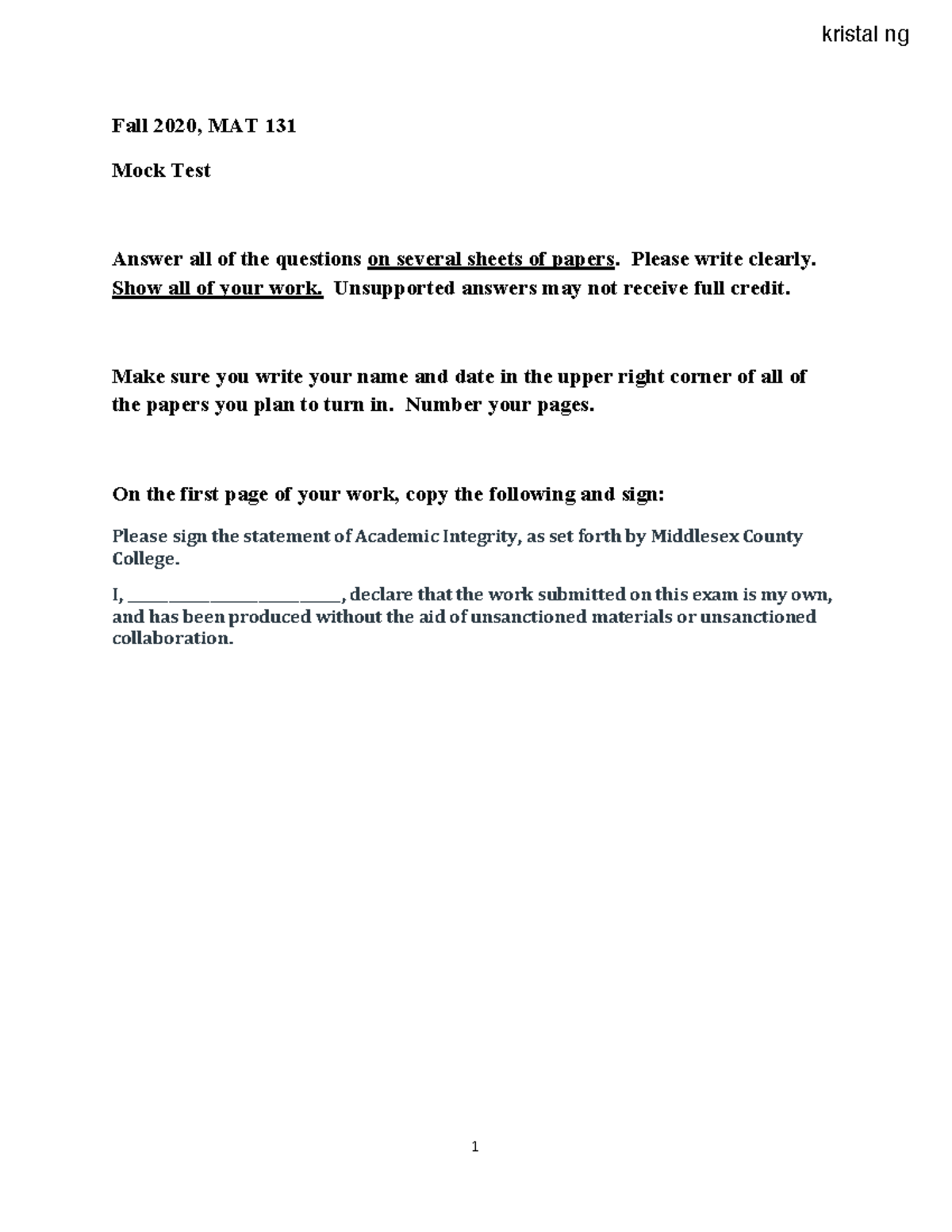 MAT 131 Mock Test Fall 2020 - 1 Fall 2020, MAT 131 Mock Test Answer all ...