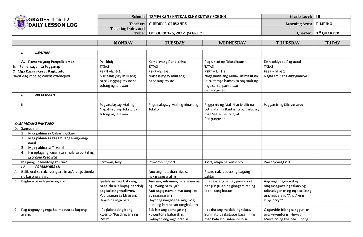 DLL Filipino-3 Q1 W7 - STUDY - GRADES 1 To 12 DAILY LESSON LOG School ...