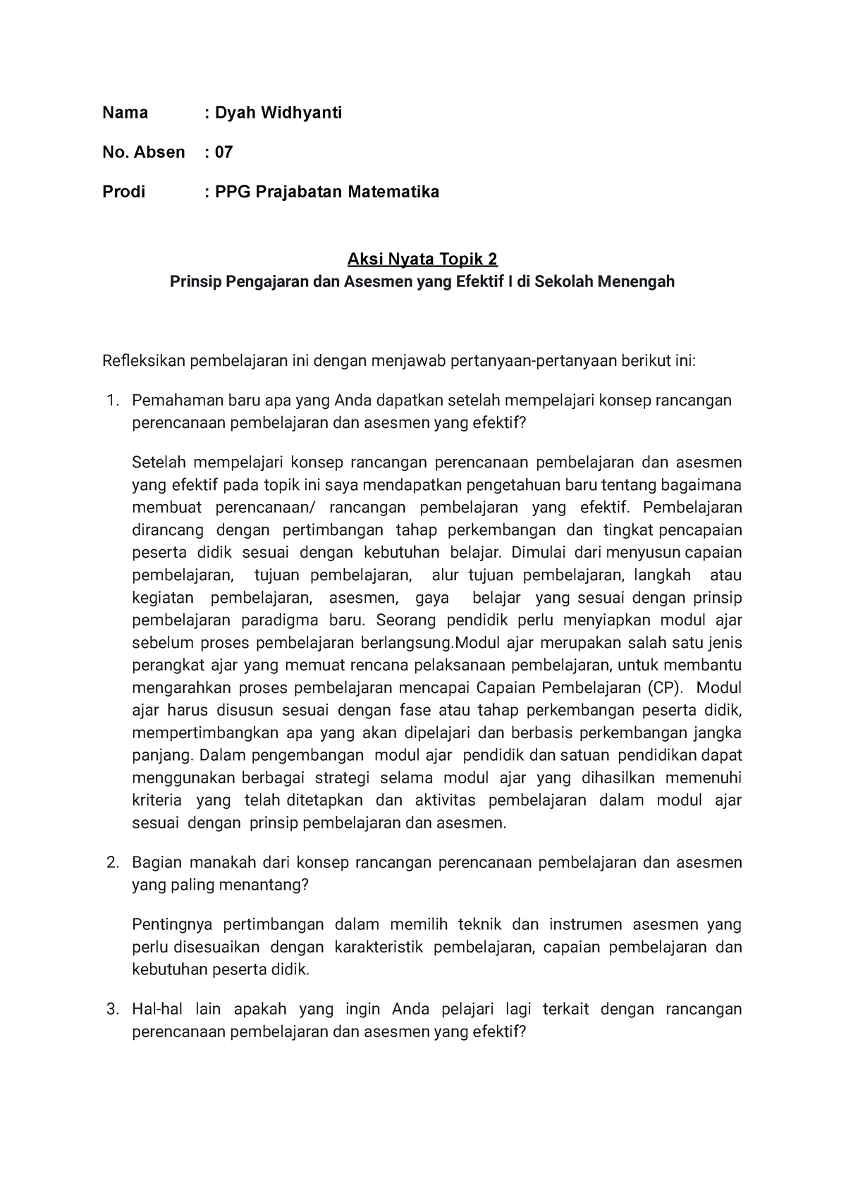 Aksi Nyata Asesmen Topik 2 Nama Dyah Widhyanti No Absen 07 Prodi