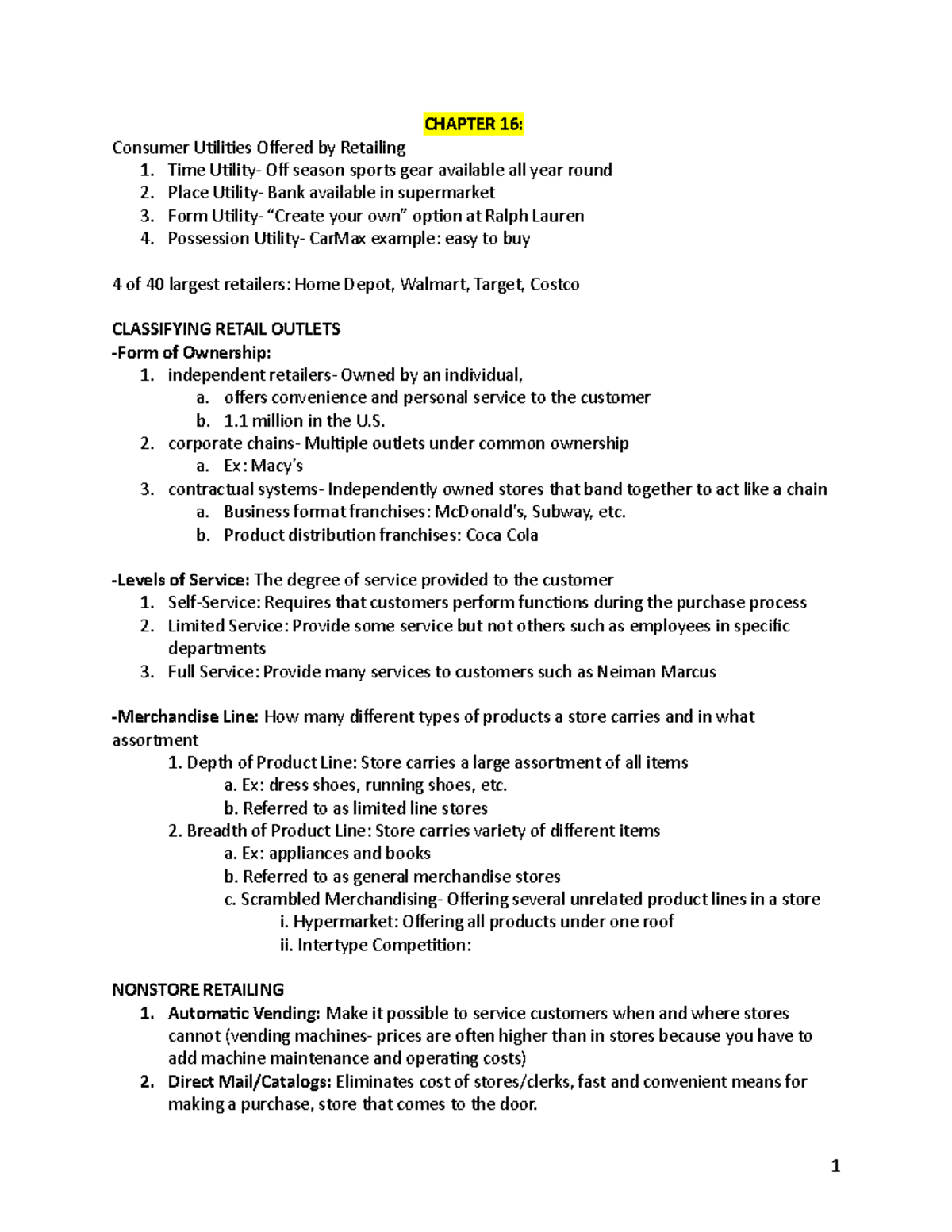Chapter 16- Retailing - Lecture notes 16 - CHAPTER 16: Consumer ...