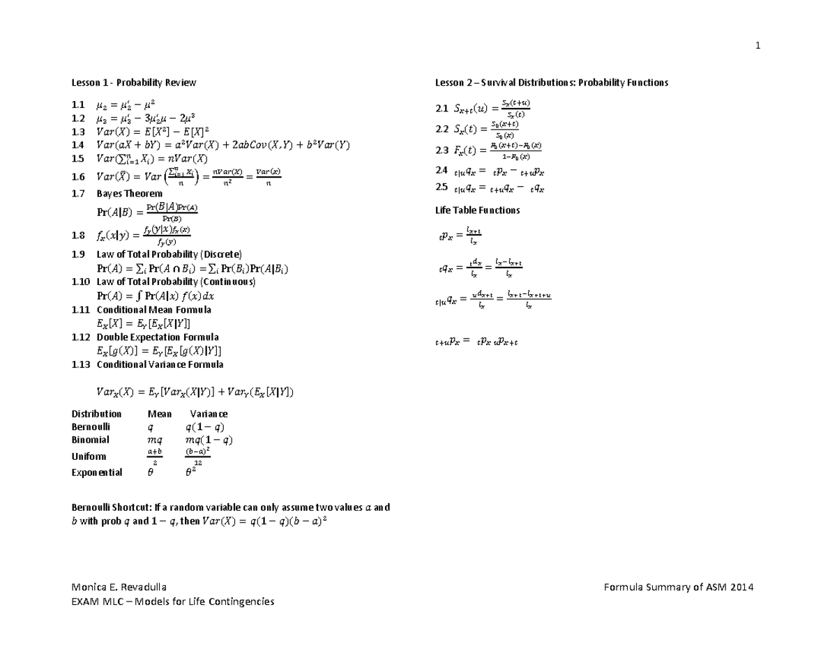 Formula Sheet for Actuarial Mathematics - Monica E. Revadulla Formula ...