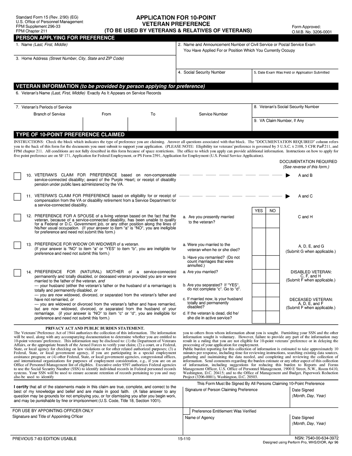 SF15 Application For 10-Point Veteran Preference - Standard Form 15 ...