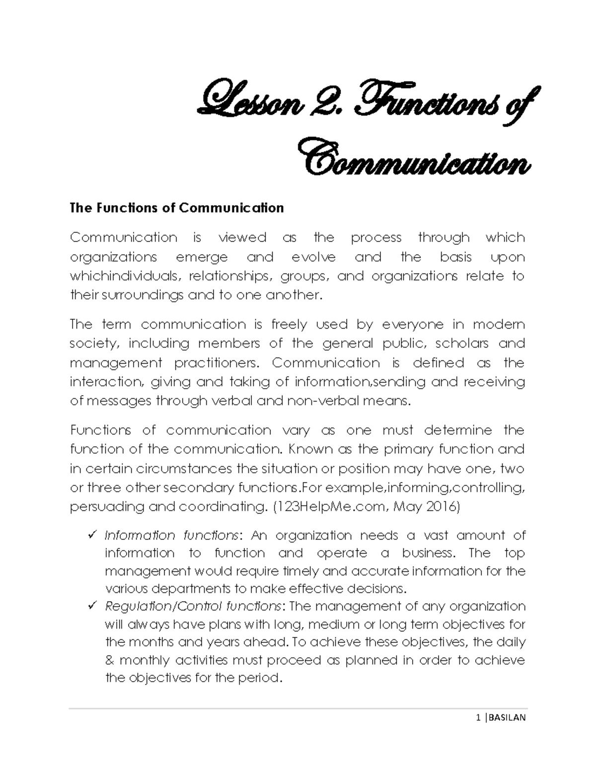 Unit 2 oral com - english - Lesson 2. Functions of Communication The ...