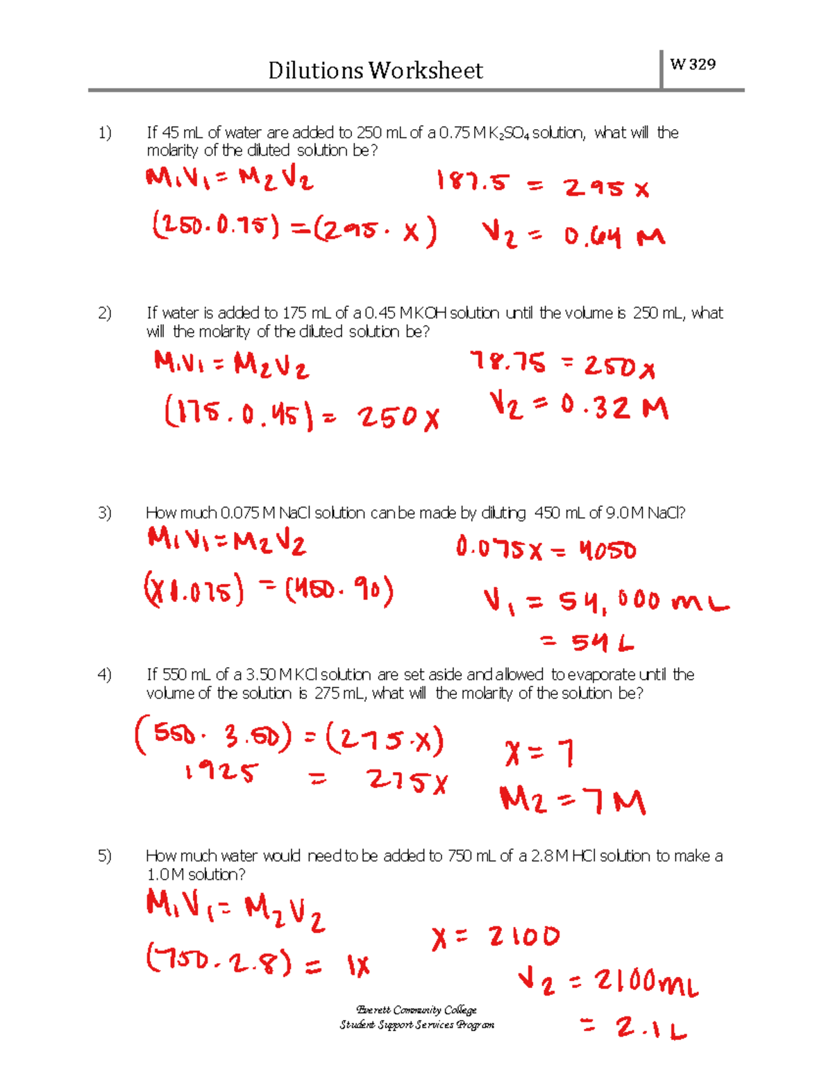 Dilution Worksheet - eskandari summer - Dilutions Worksheet W 329 Everett  Community College Student - Studocu