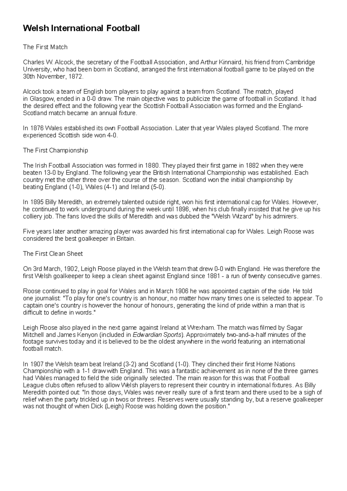 WVFA News - alevel - Welsh International Football The First Match ...