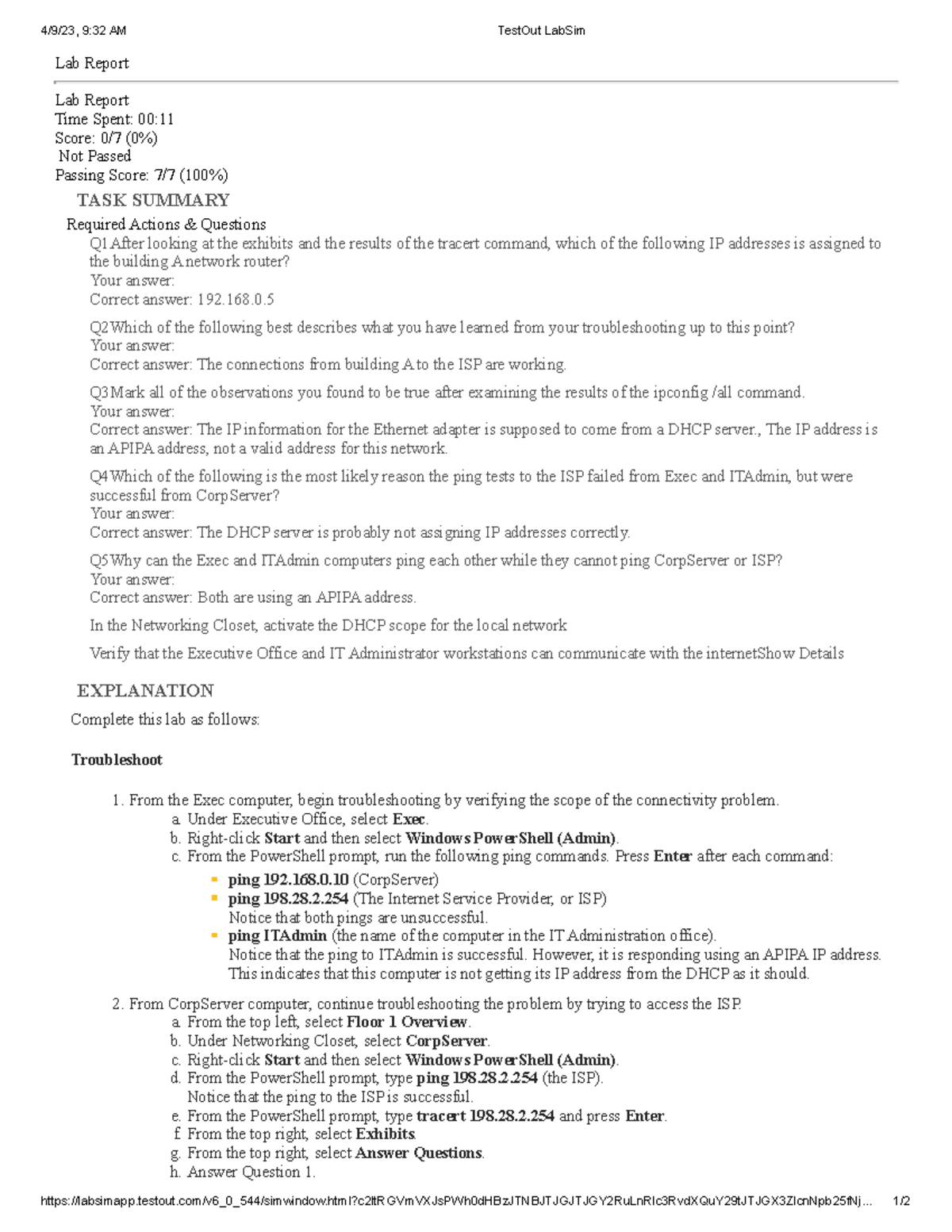 4 9 7 Troubleshoot Ip Configuration 2 4 9 23 9 32 Am Testout Labsim 4 9 7 Troubleshoot Ip Configuration 2 4 9 23 9 32 Am Testout Labsim