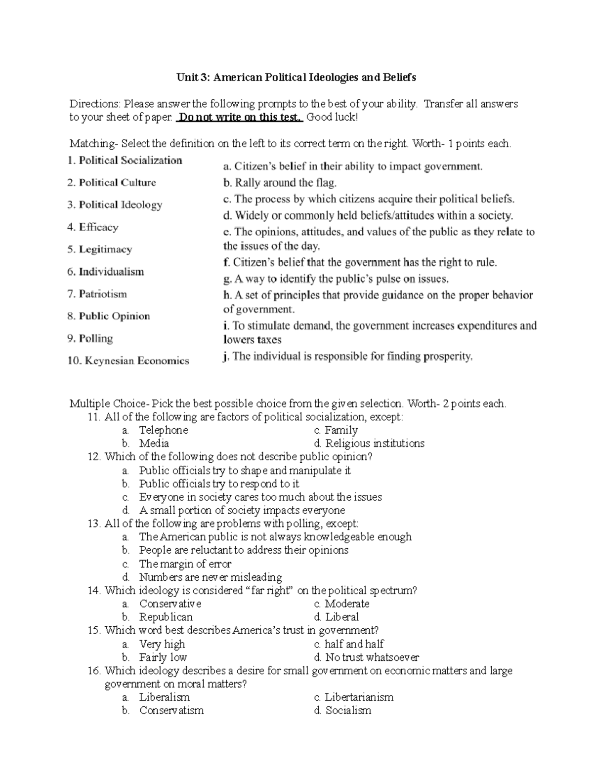 Copy of Unit 3 Test American Political Ideologies and Beliefs - Unit 3 ...