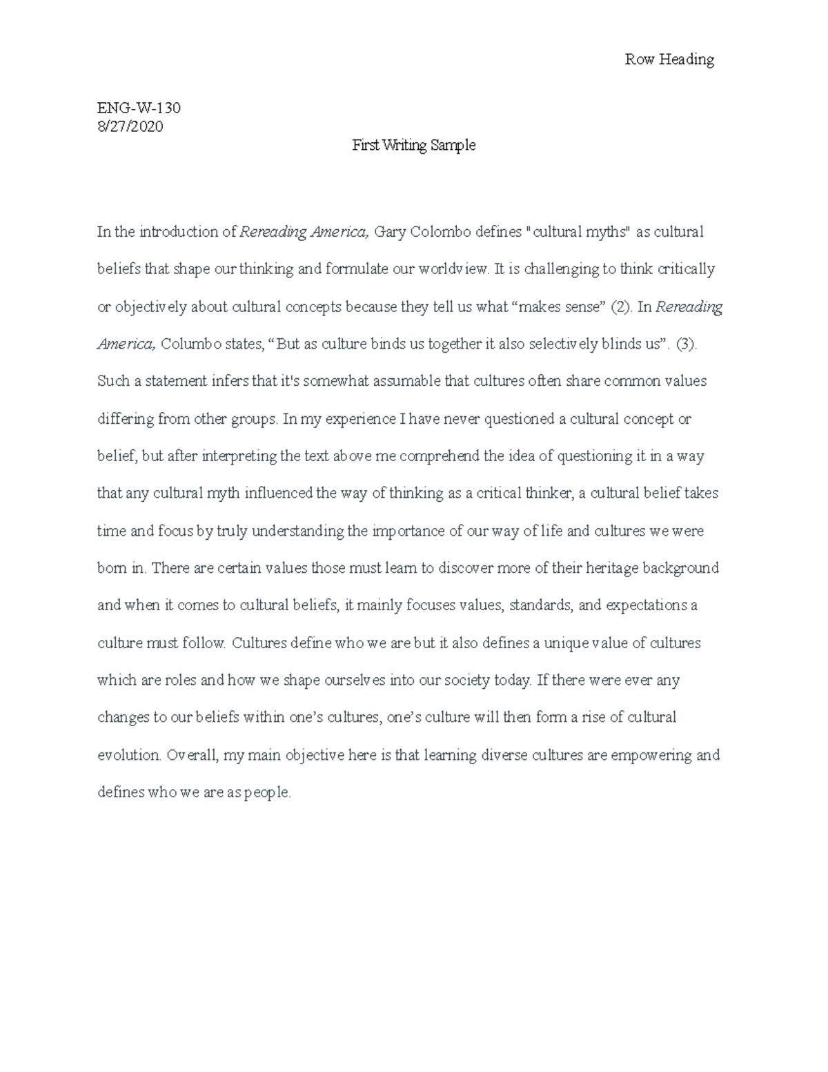 First Writing sample - Row Heading ENG-W- 8/27/ First Writing Sample In ...