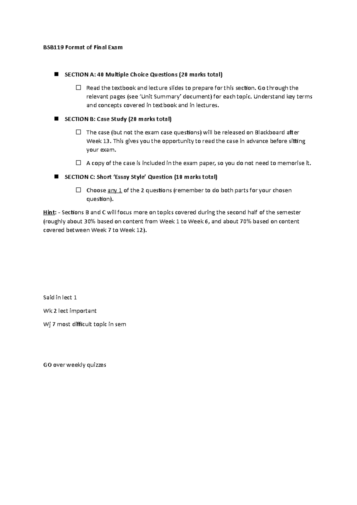 BSB119 Lecture Notes - Final Exam - BSB119 Format Of Final Exam SECTION ...