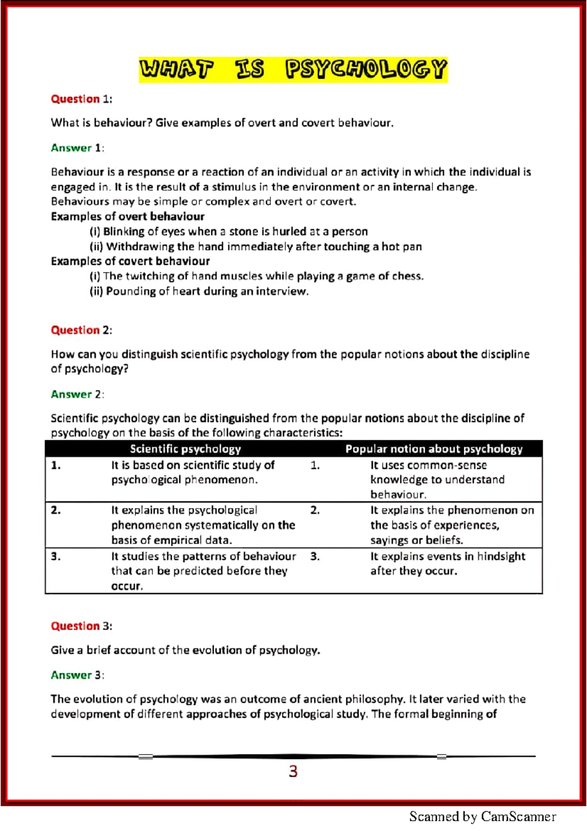 Unit 1 What is Psychology notes - WHAT IS PSYCHOLOGY Question 1: What ...