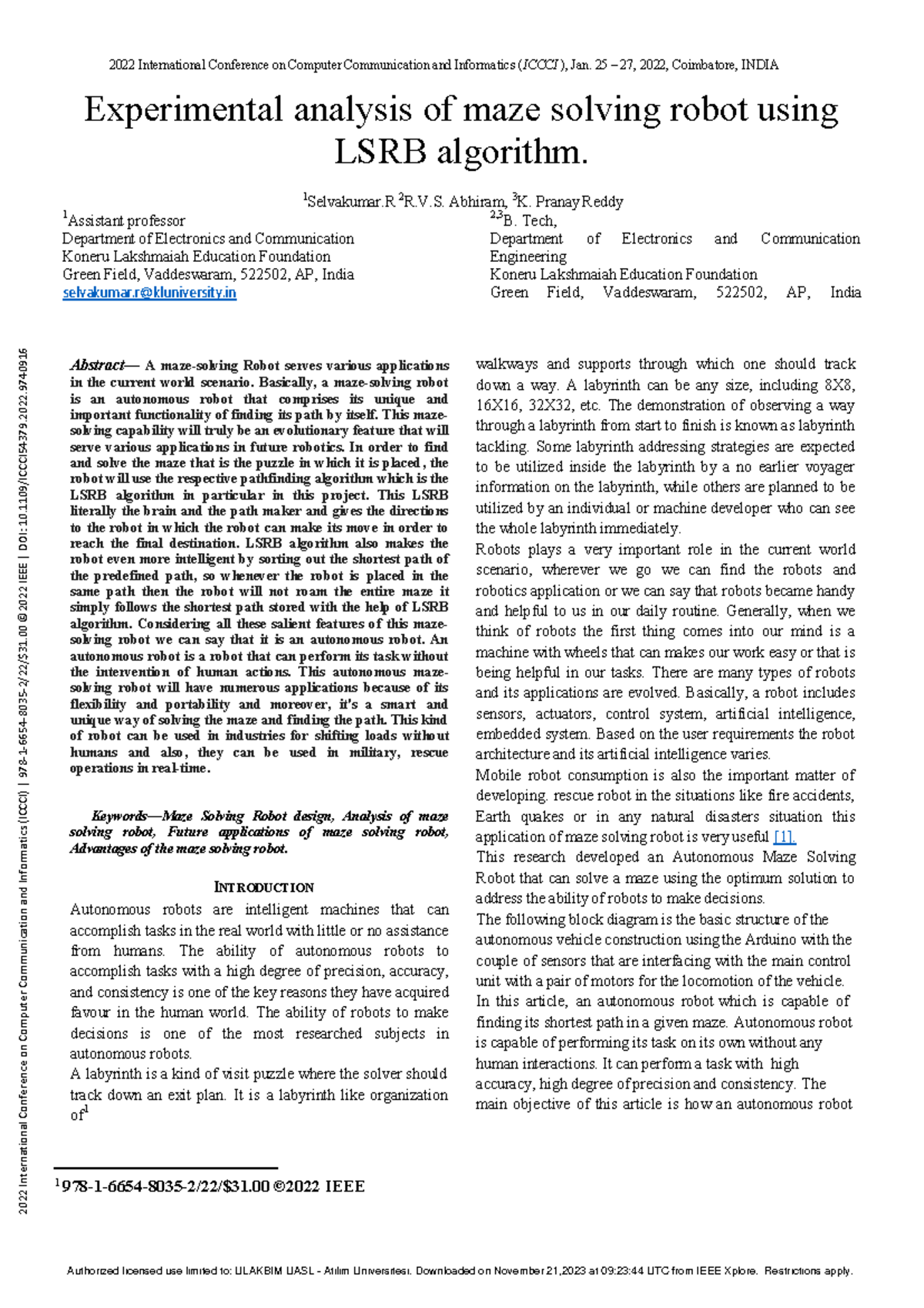 Experimental analysis of maze solving robot using LSRB algorithm - 1 ...