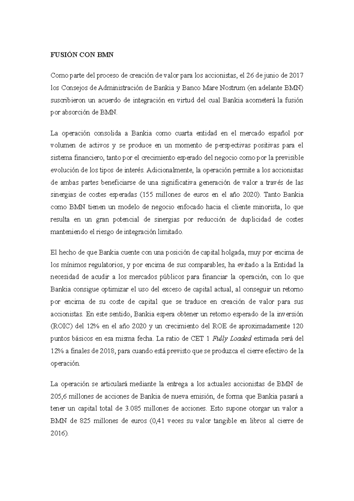 Bankia memorandum - apunte - FUSIÓN CON BMN Como parte del proceso de ...