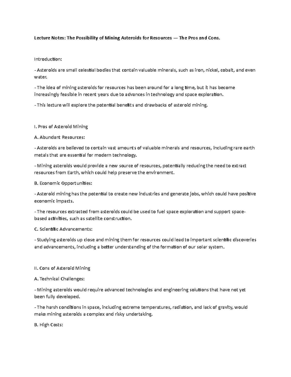 Lecture Notes: The Possibility of Mining Asteroids for Resources — The ...