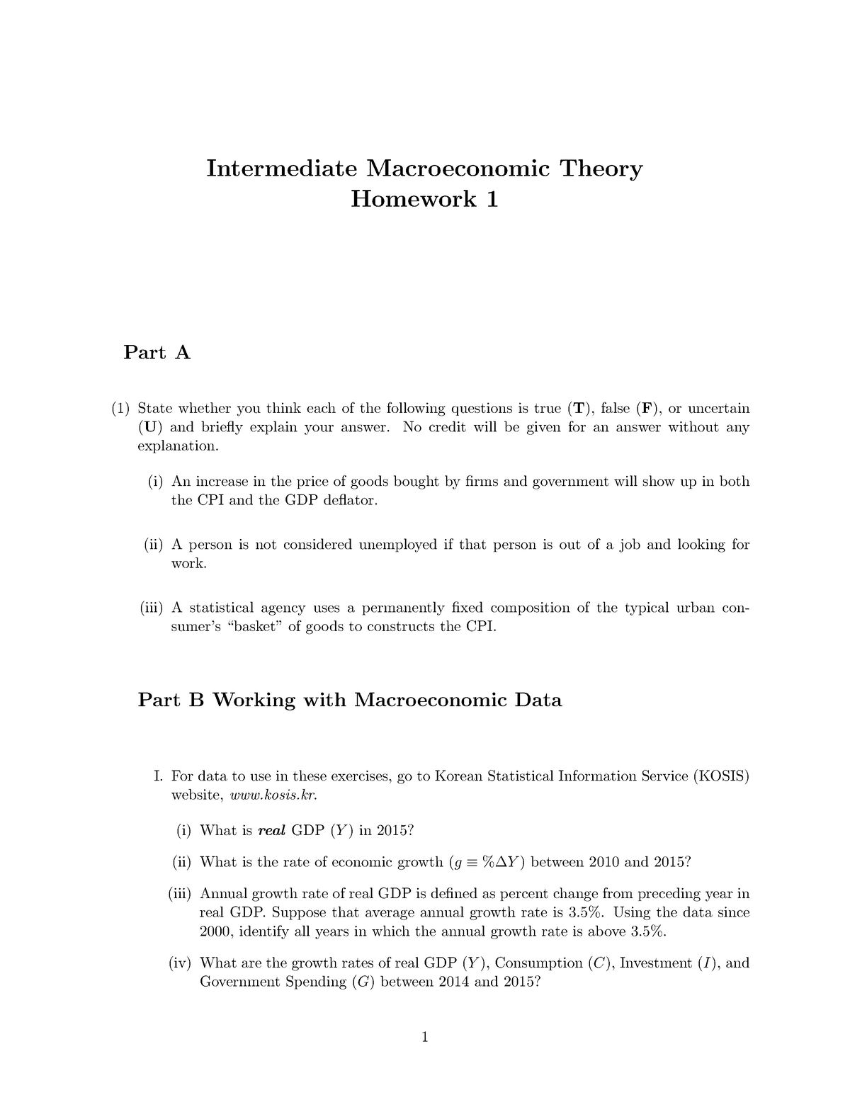 Intermediate Macroeconomics, GEC200401, Homework 01, Professor Kim, Y ...