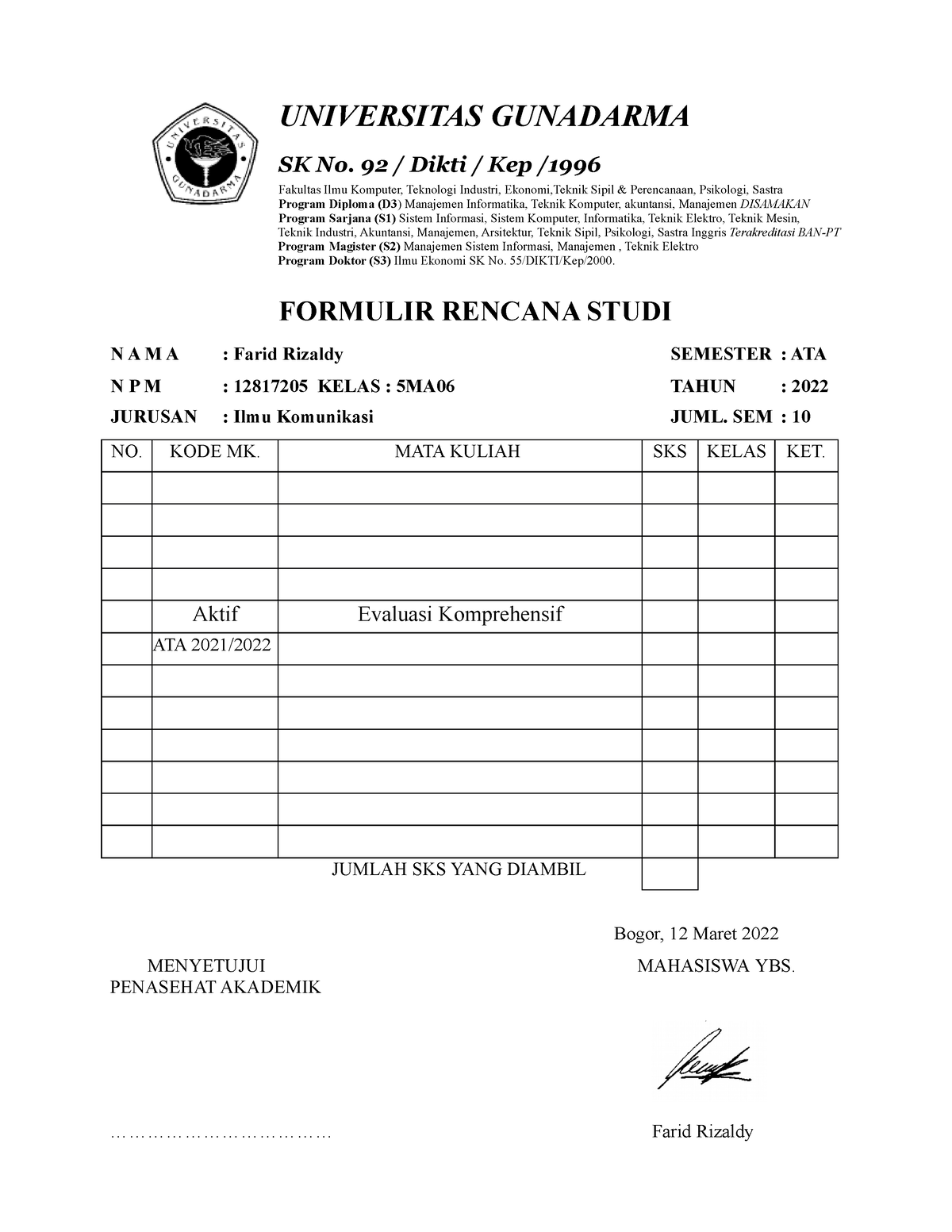 FRS-Semester 10 - rencana semster - UNIVERSITAS GUNADARMA SK No. 92