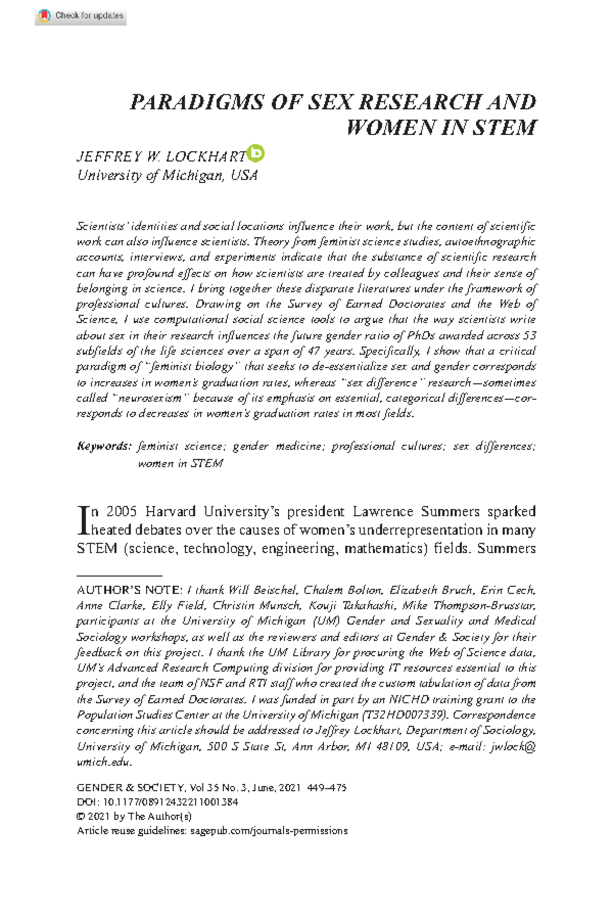 Lockhart 2021 Paradigms Of Sex Research And Women In Stem Doi 10 1177