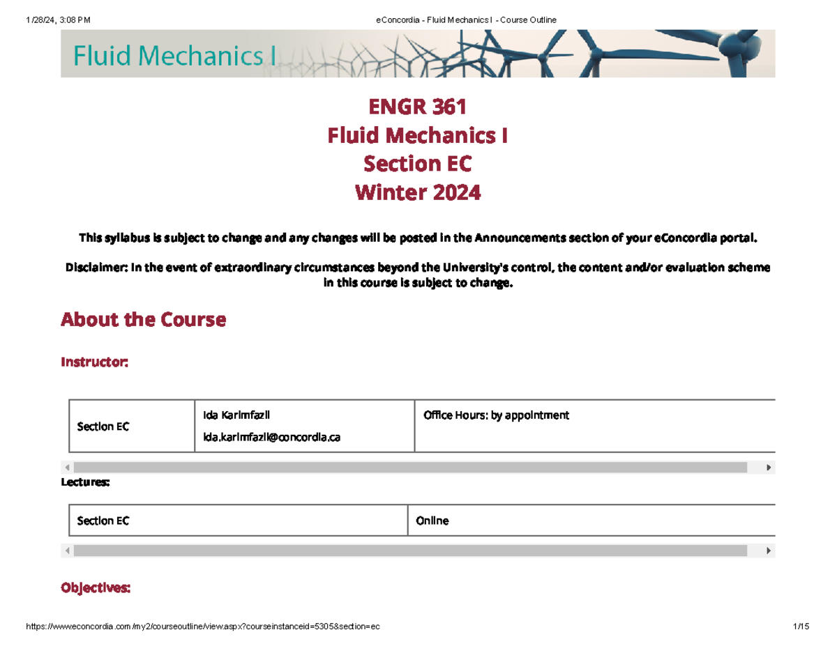 E Concordia - Fluid Mechanics I - Course Outline - ENGR 361 Fluid ...