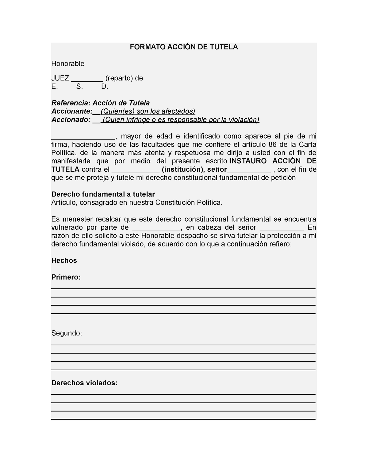 Formato Acción DE Tutela - FORMATO ACCIÓN DE TUTELA Honorable JUEZ ...