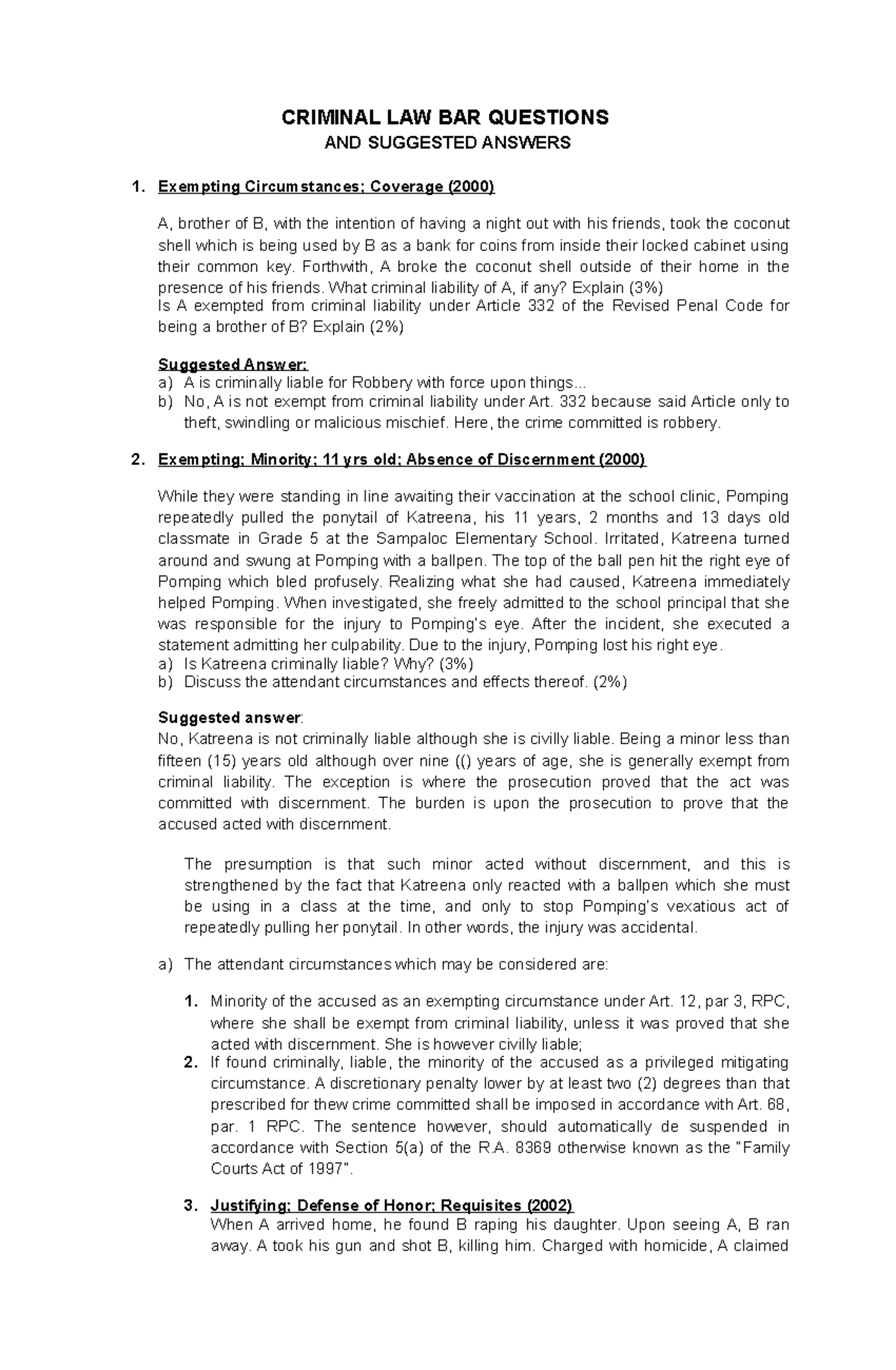 Criminal Law Bar Questions and Suggested Answers CRIMINAL LAW BAR