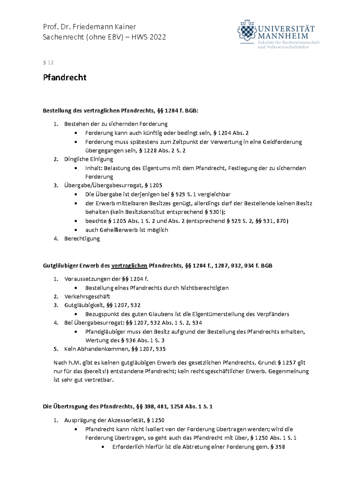 U bersicht Pfandrecht - Hochgeladen vom Lehrstuhl - Sachenrecht (ohne ...
