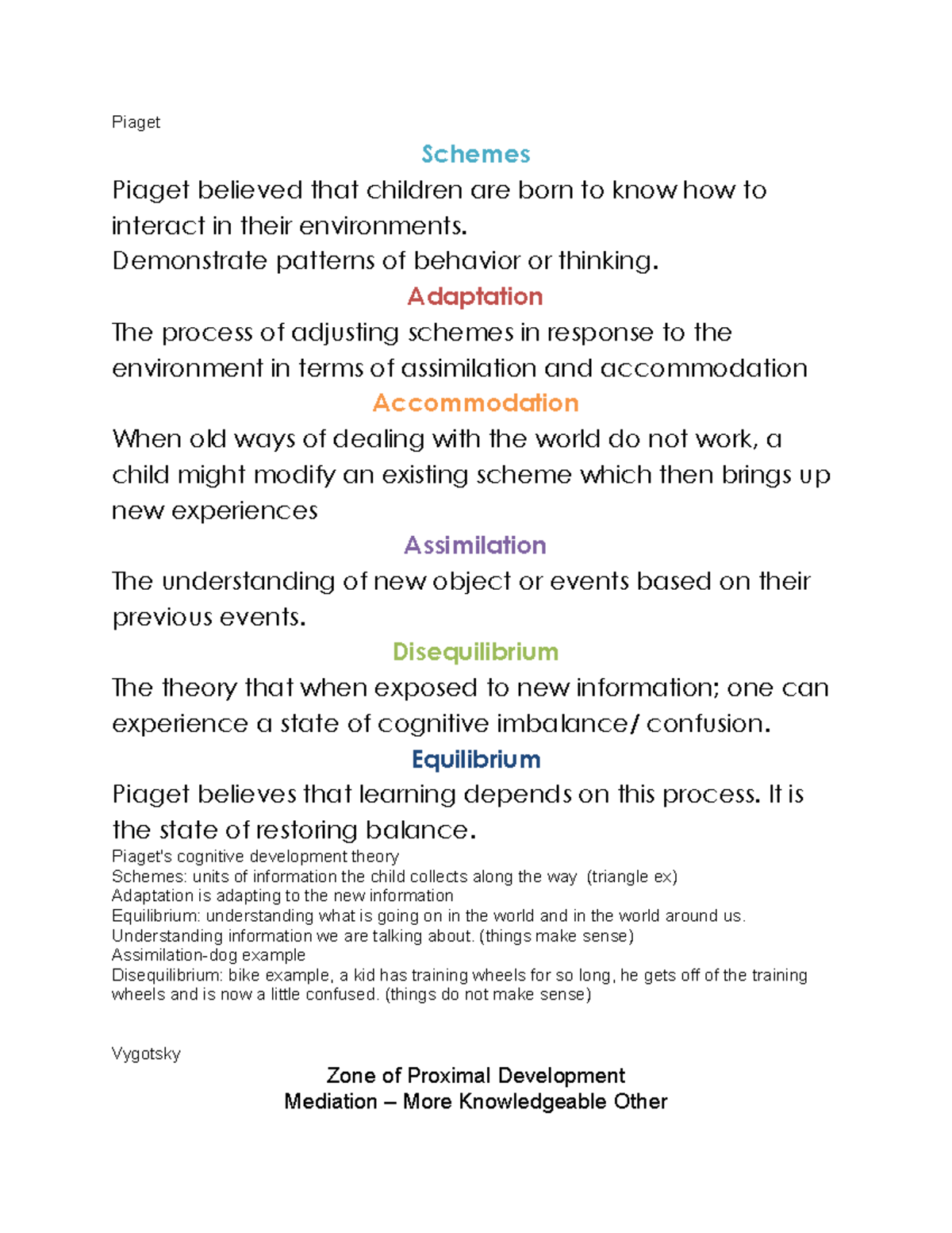 Quiz 1 Study Guide Cognition & Learning - Piaget Schemes Piaget ...