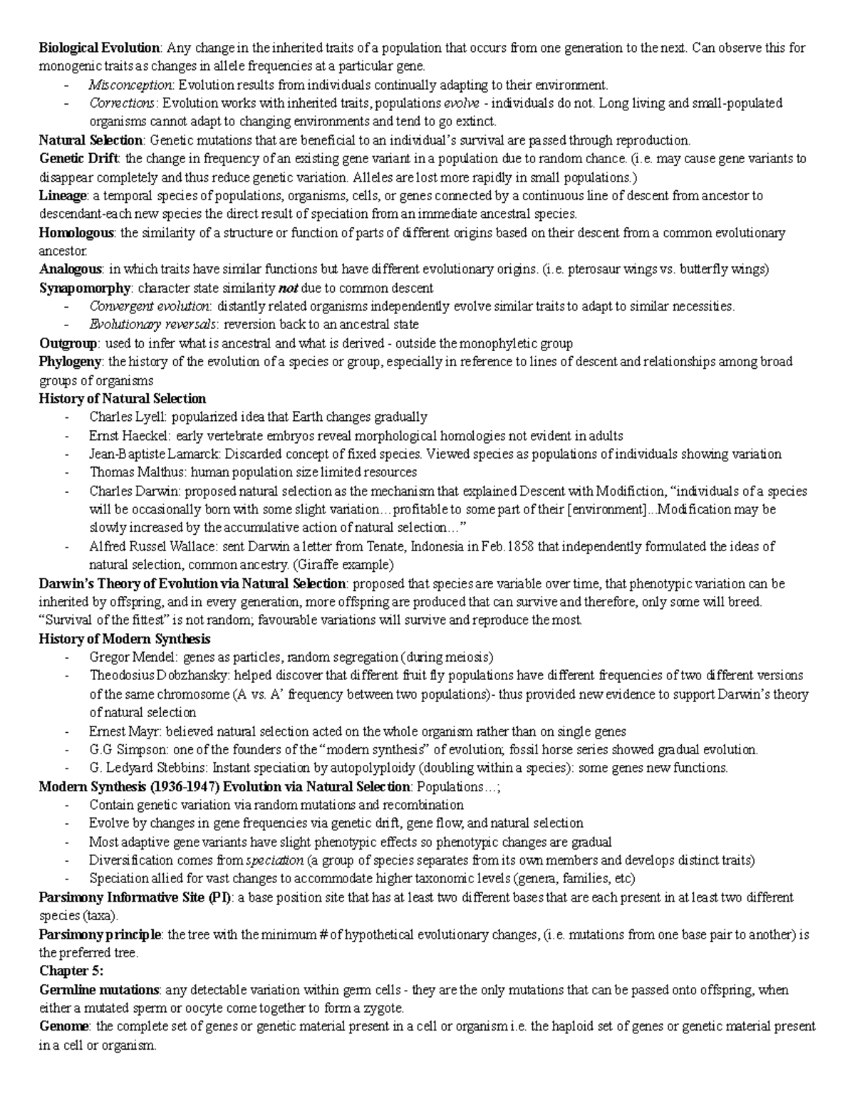 BIOL2400 Midterm 1 Cheat Sheet Biological Evolution: Any change in