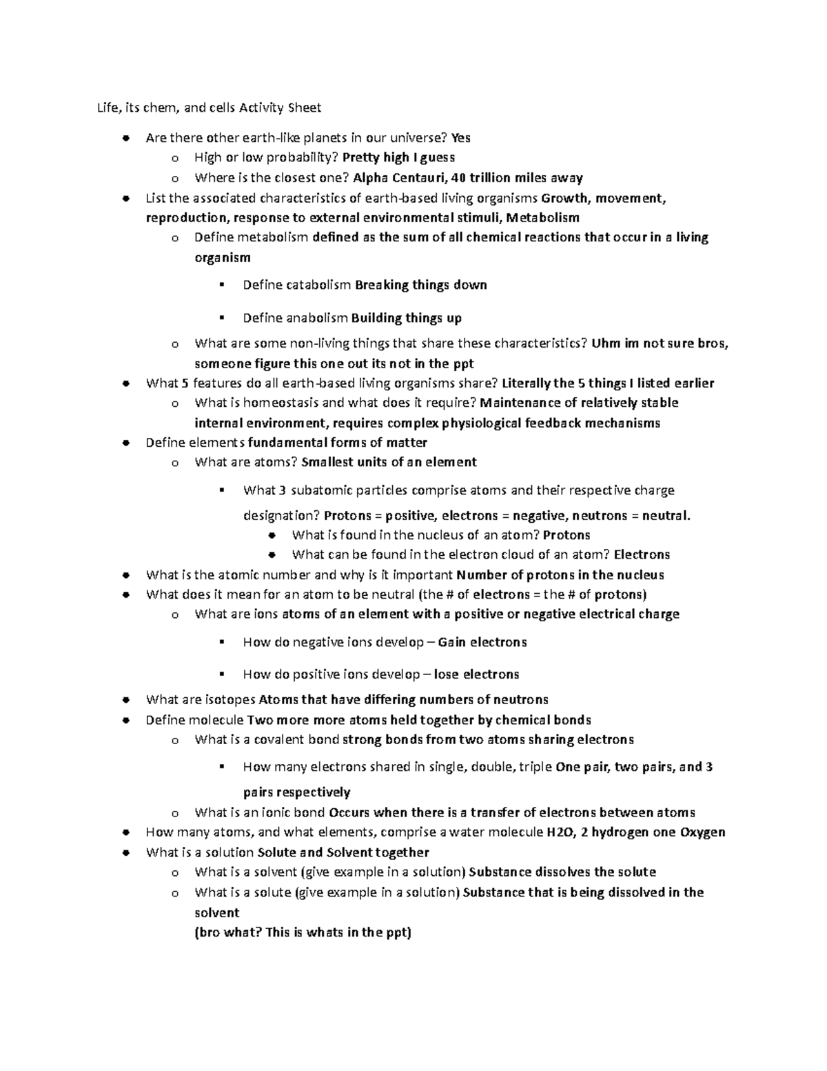 Life, Its Chem, Cells Activity Sheet - Life, its chem, and cells ...