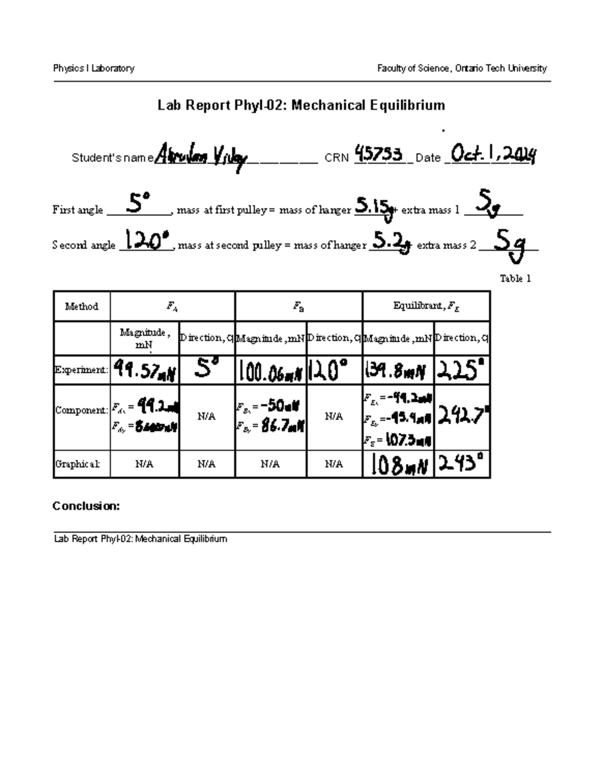 Lab 02 Mechanical Equilibrium Physics I Laboratory Faculty of