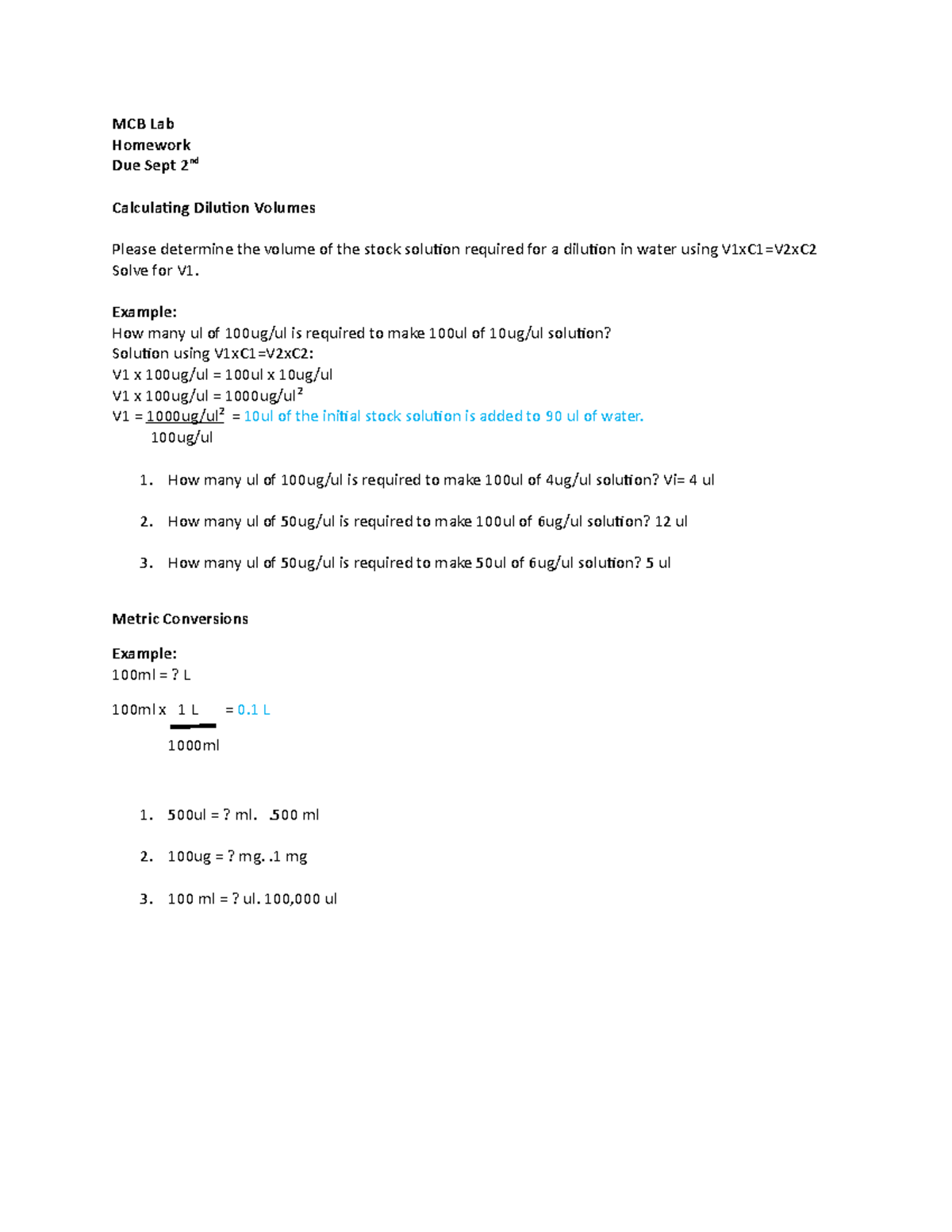 Dilutions Homework prof g MCB LabHomework Due Sept 2nd Calculating