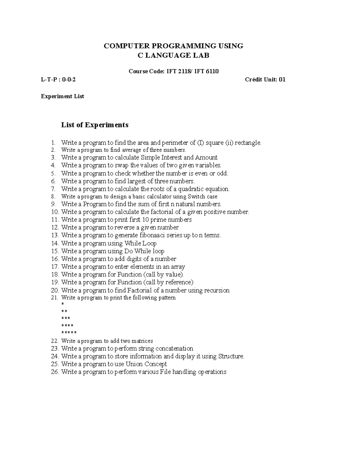 Computer Programming Using - COMPUTER PROGRAMMING USING C LANGUAGE LAB ...