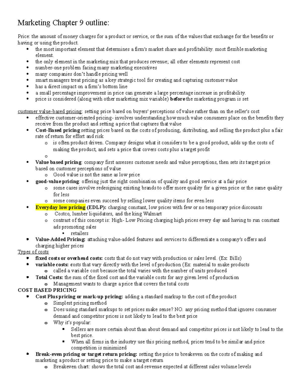 Marketing Chapter 9 outline - Marketing Chapter 9 outline: Price: the ...