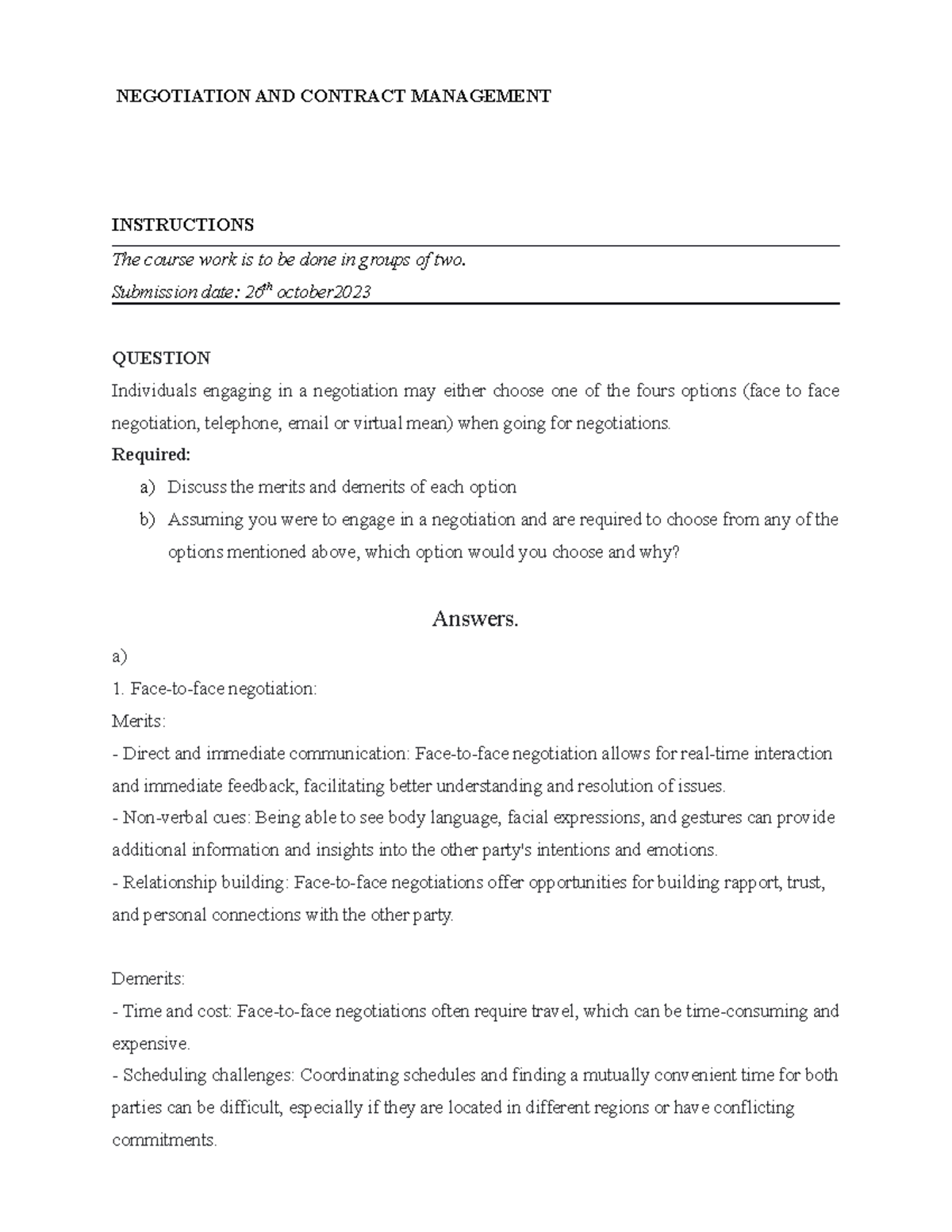 Assignment important note ummadda - NEGOTIATION AND CONTRACT MANAGEMENT ...