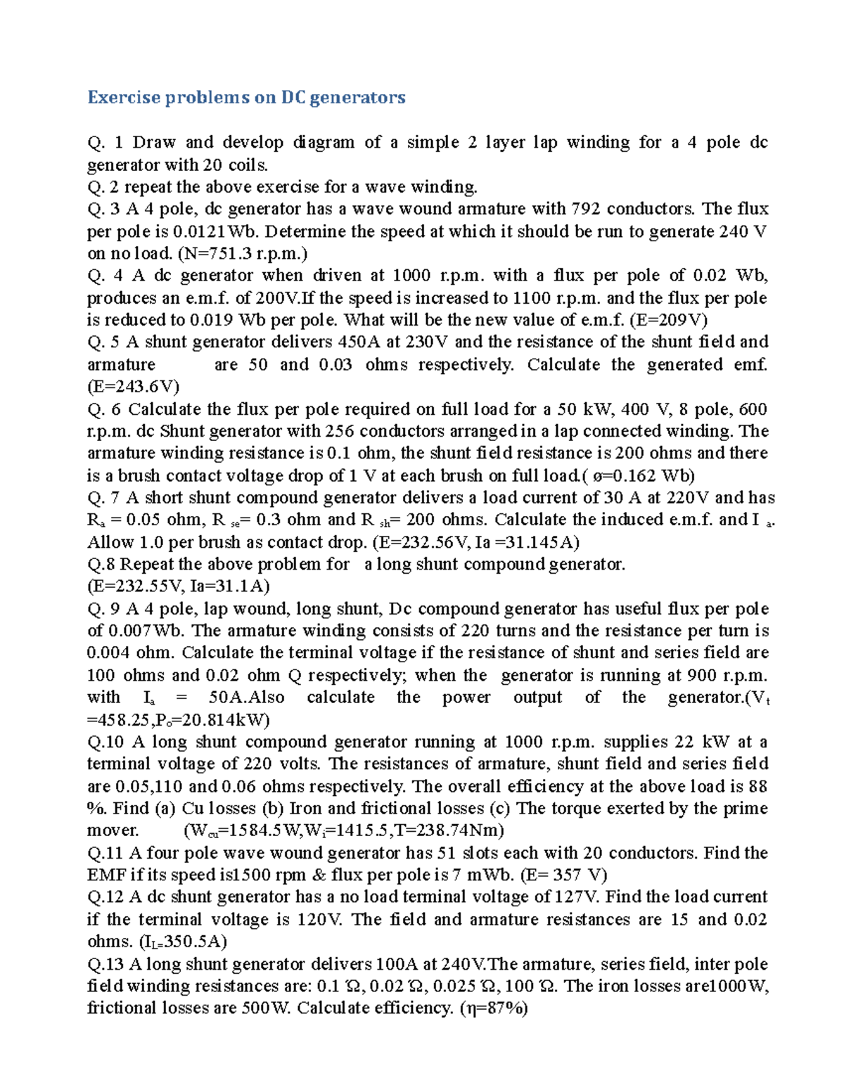 Exercise problems on electrical machines - Exercise problems on DC ...