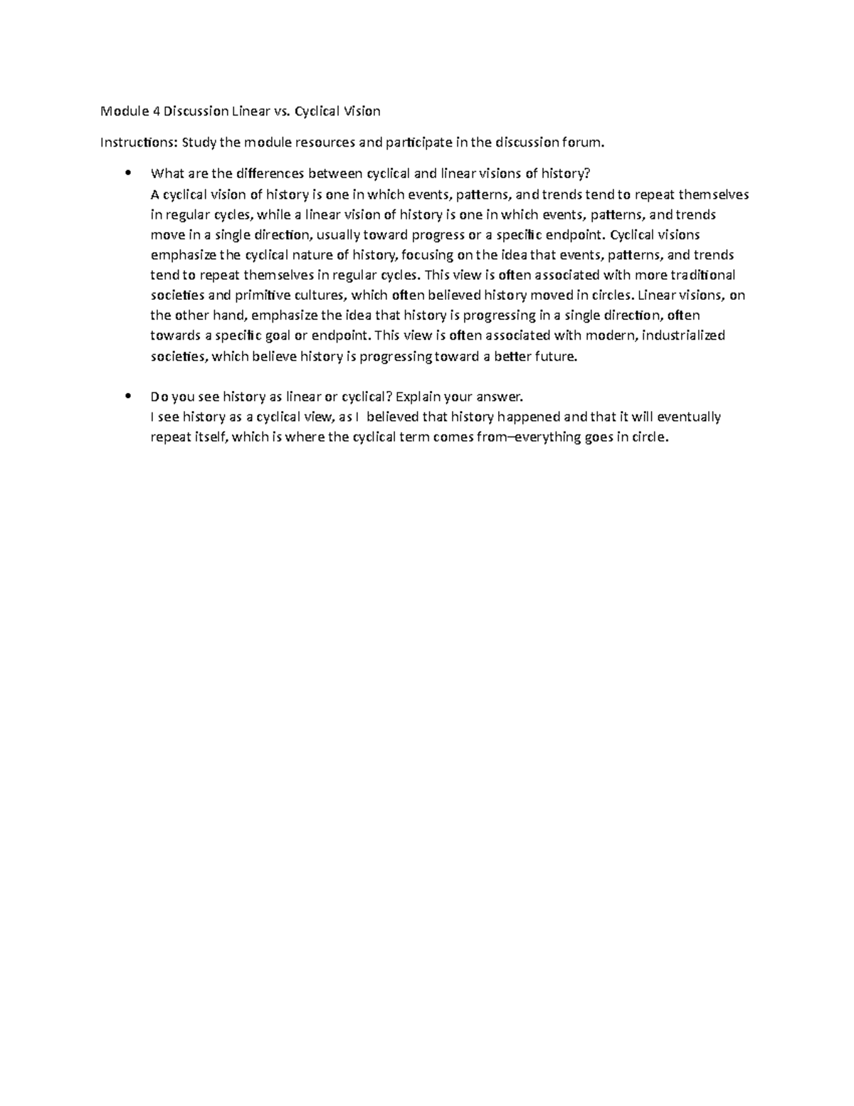 Module 4 Discussion Linear vs. Cyclical Vision Module 4 Discussion