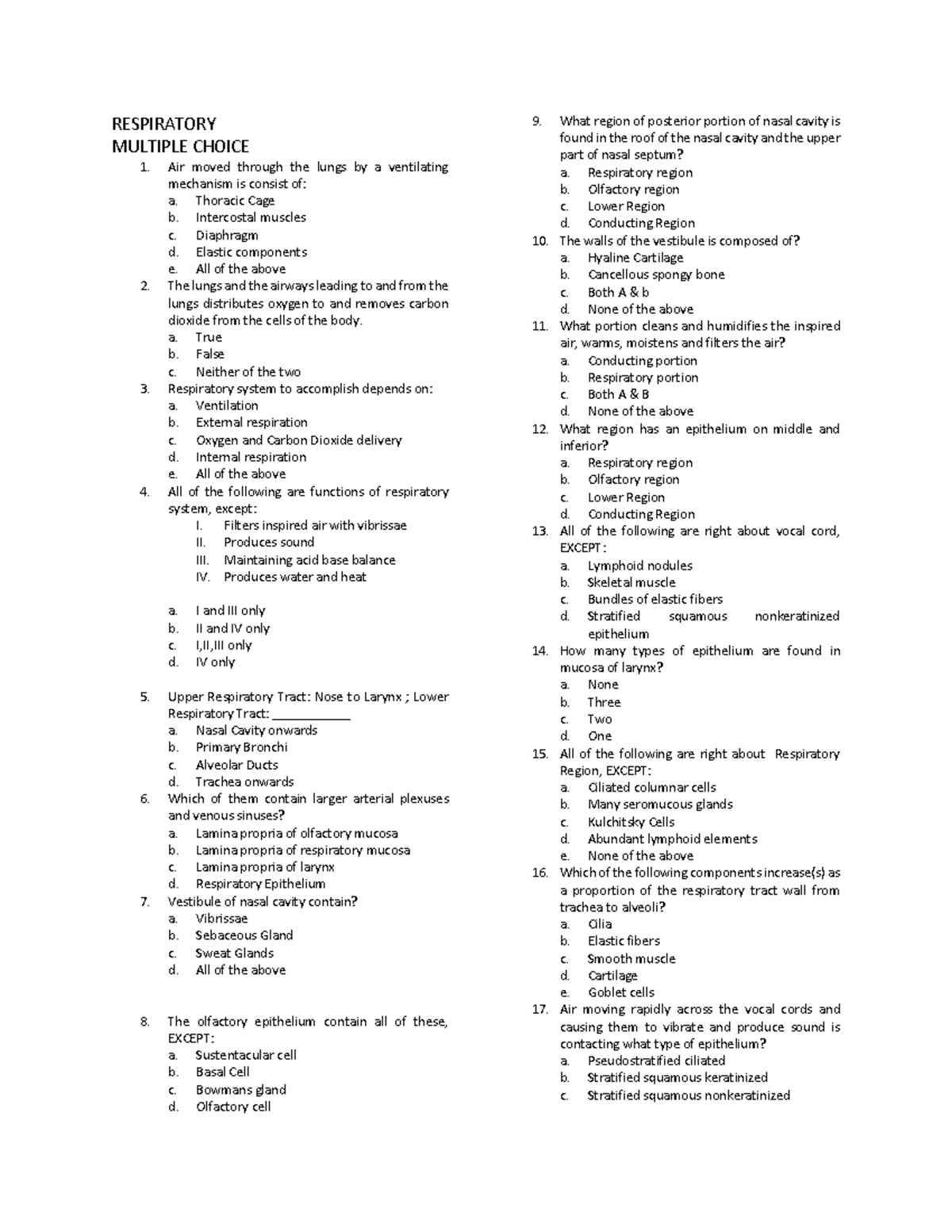 Respiratory EXAM - Summary Biochemistry - RESPIRATORY MULTIPLE CHOICE ...