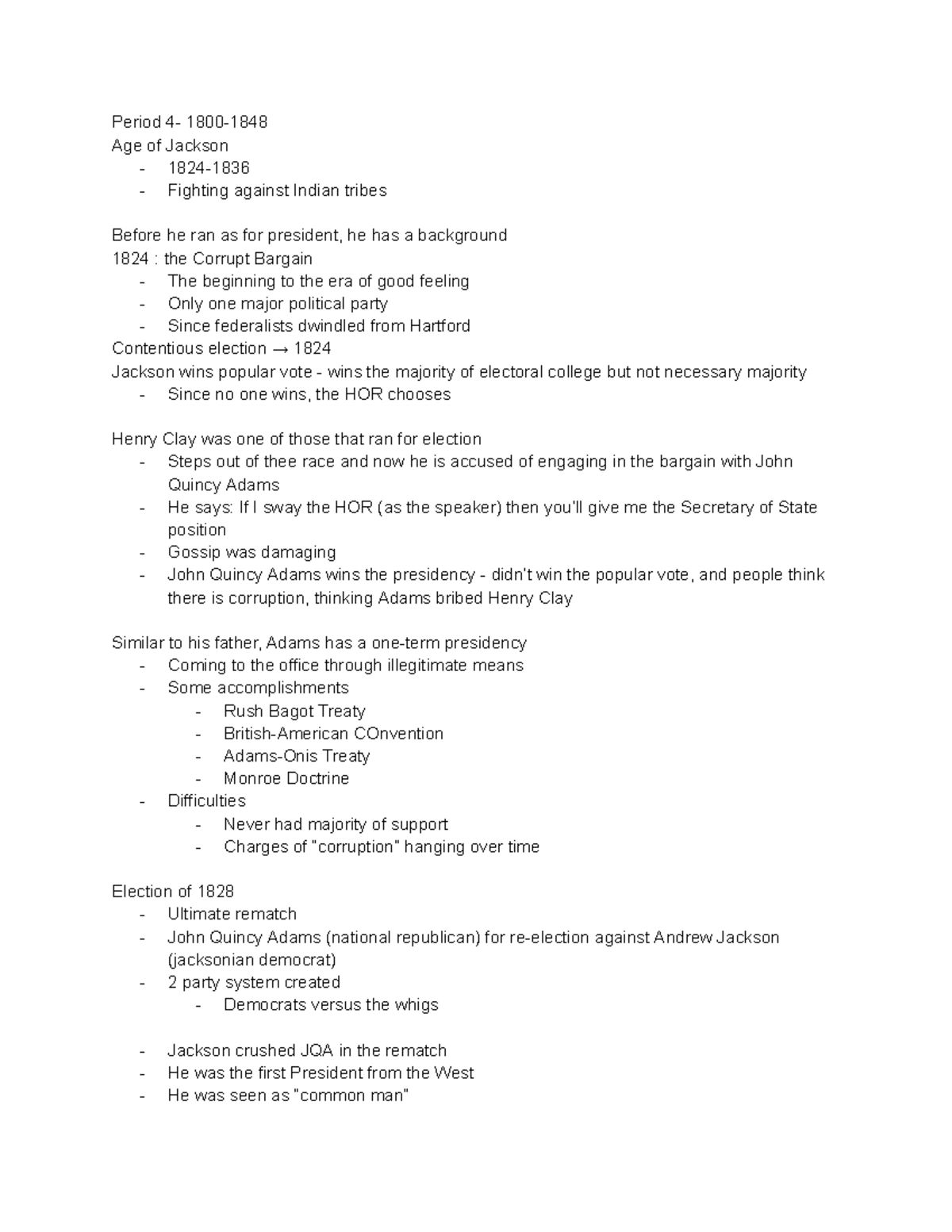 APUSH Period 4 Notes Period 4 1800 Age Of Jackson 1824 Fighting 