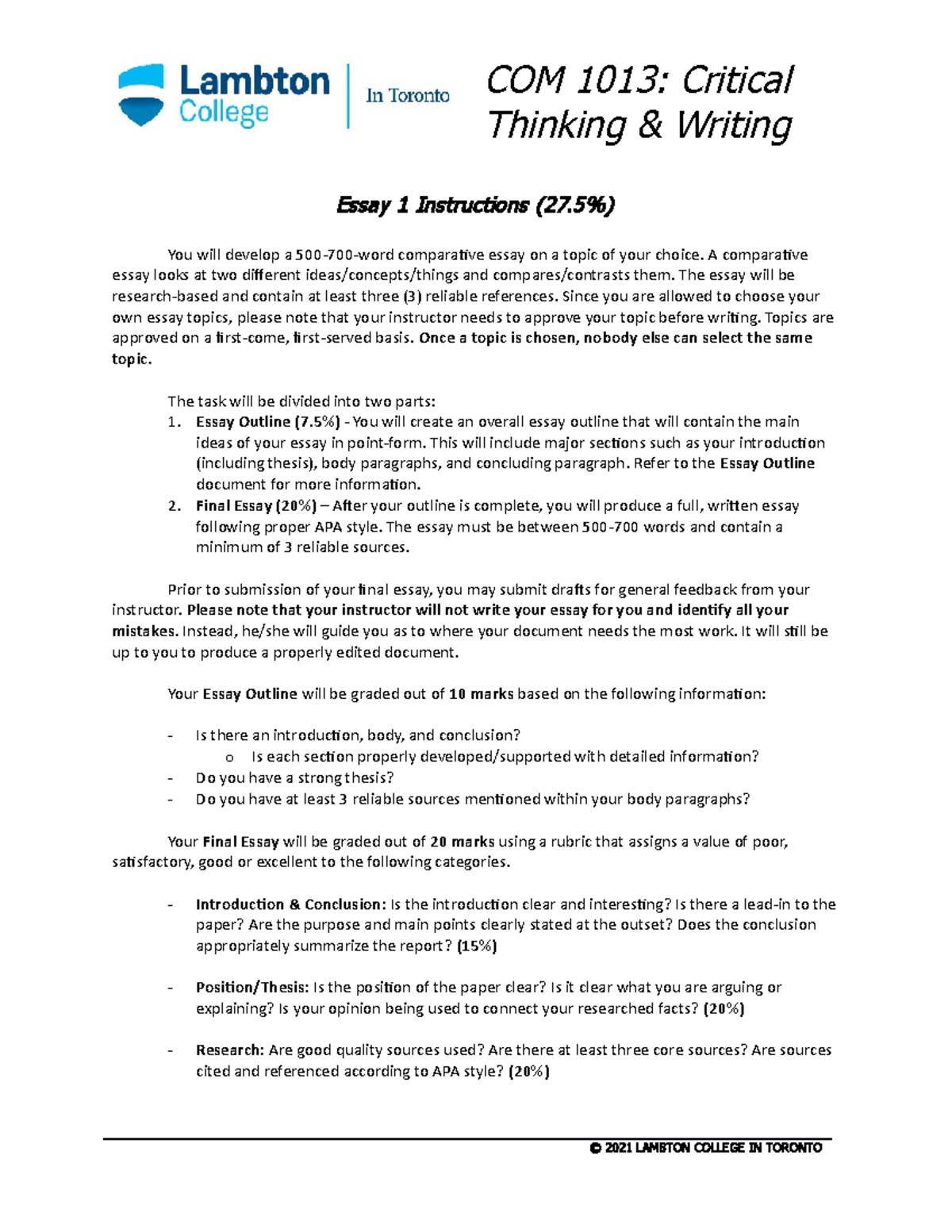 Essay 1 Instructions - NOTES - COM 1013: Critical Thinking & Writing ...