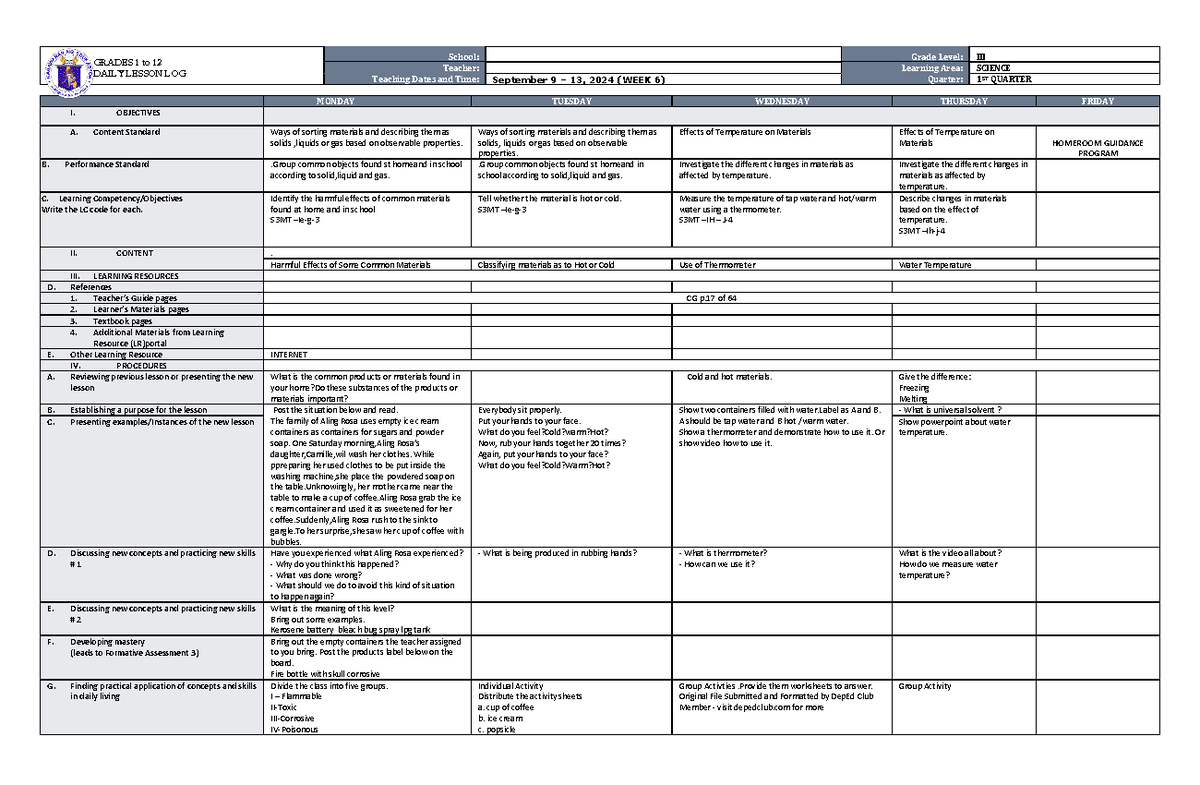 DLL Science 3 Q1 W6 - DLL plan - GRADES 1 to 12 DAILY LESSON LOG School ...