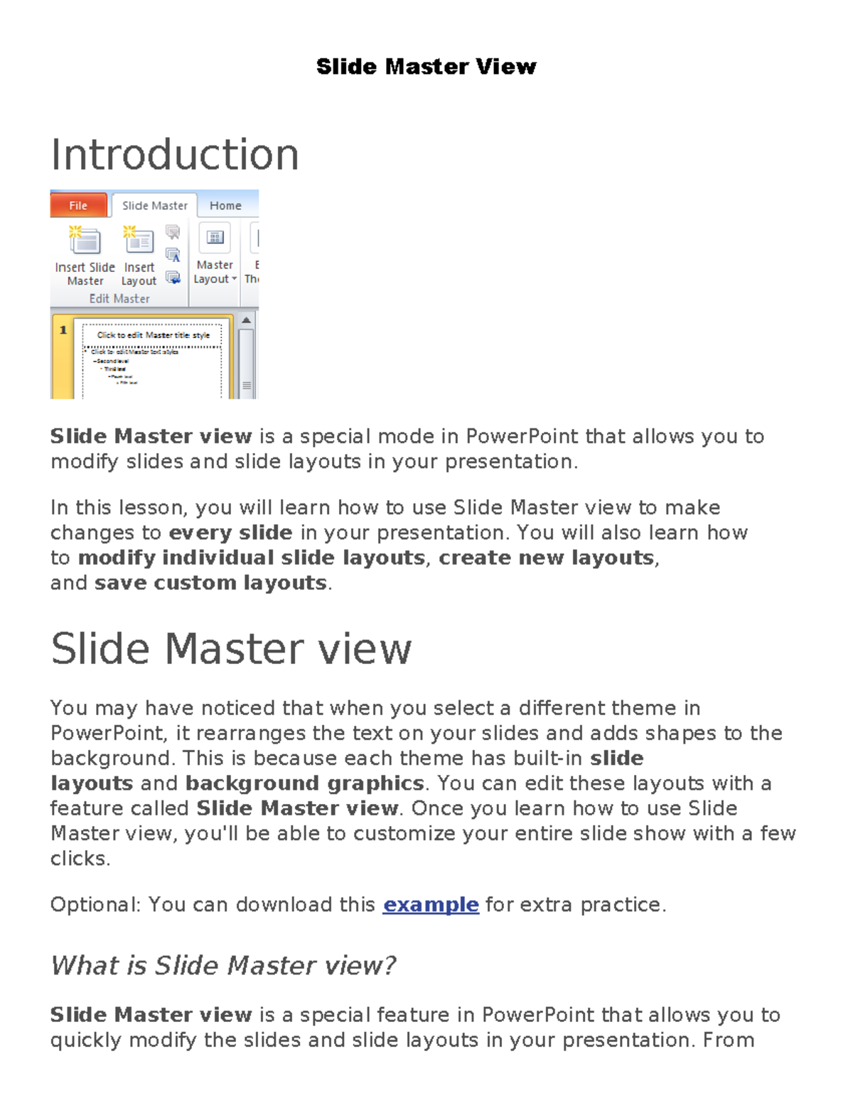 Slide Master View - Introduction Slide Master view is a special mode in ...
