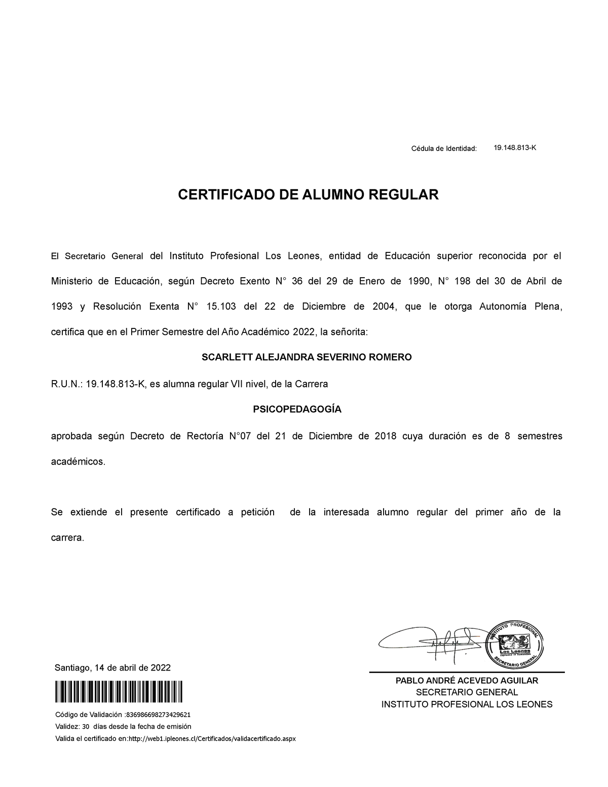 836986698273429621 - APUNTE PSICOPE - CERTIFICADO DE ALUMNO REGULAR Cédula  de Identidad: 19-K El - Studocu